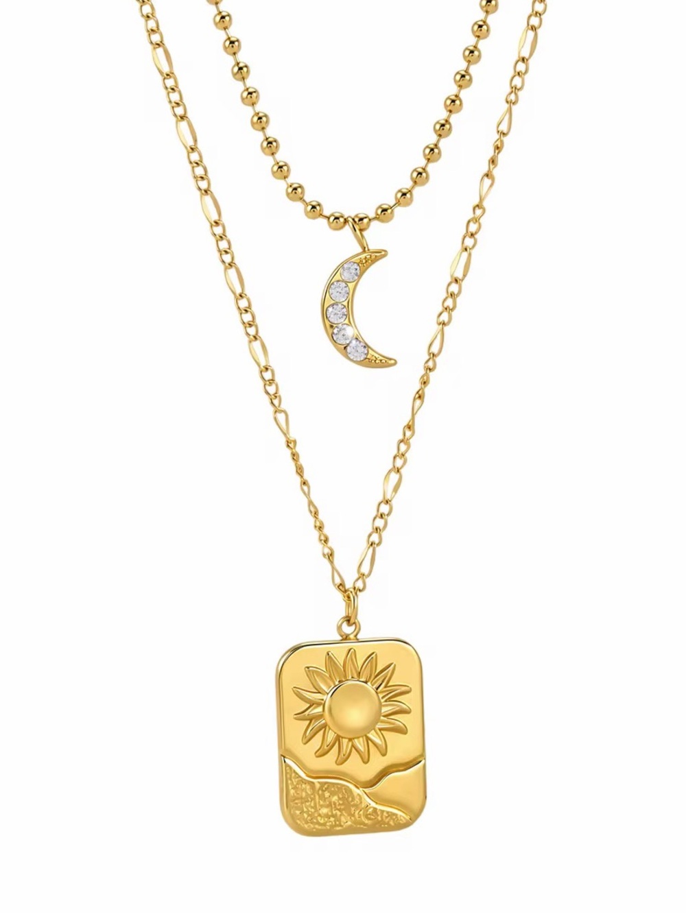18K Gold Plated Double Layer Sun & Moon Necklace